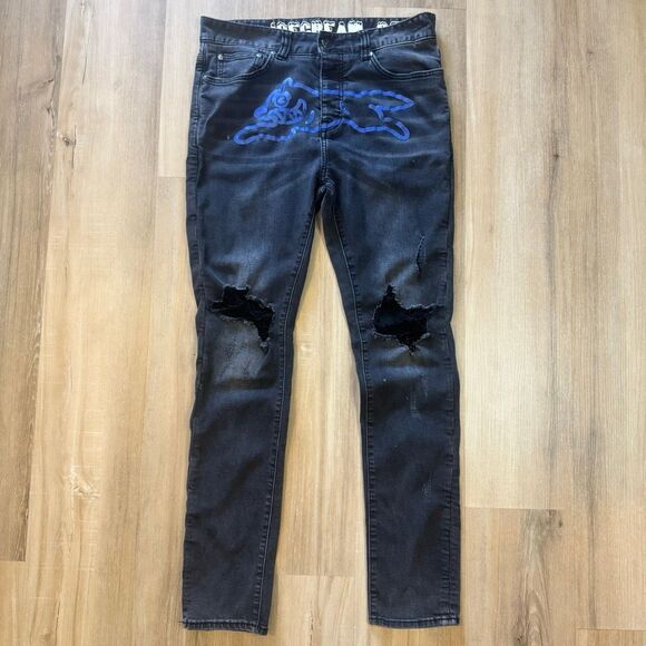 Icecream Jade Black Jeans Size 32 Blue Running Dog Graphic Distressed Streetwear - Picture 1 of 16